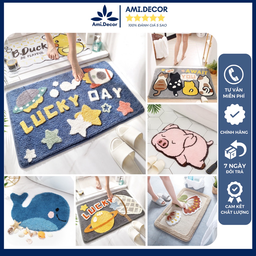 Thảm lau chân 3D hình thú, Thảm chùi chân lông cừu siêu xinh thấm hút nước tốt, mặt sau chống trơn trượt - AMI.Decor