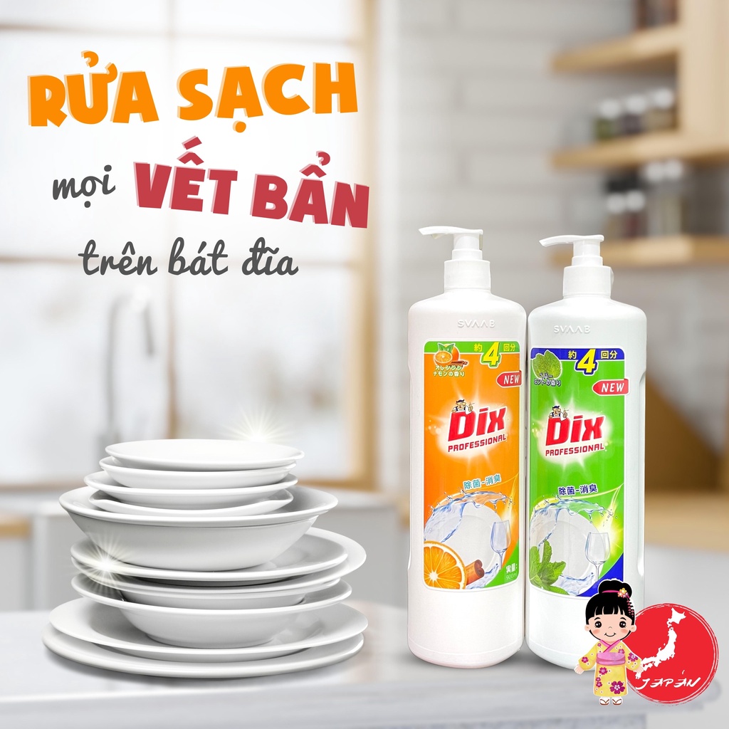 Nước rửa chén bát 2 mùi hương Nhật Bản siêu đậm đặc Dix 900ml không hại da tay