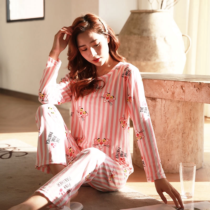 xiaohan korea spring autumn loose female nightwear round neck long sleeve sleepwear set women cute printed pajama suit | BigBuy360 - bigbuy360.vn