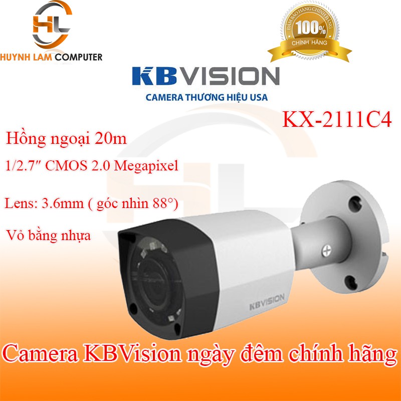 Camera giám sát - Camera KBVision KX-2111C4 2.0MP lens 3.6mm vỏ nhựa 4 in 1 chính hãng