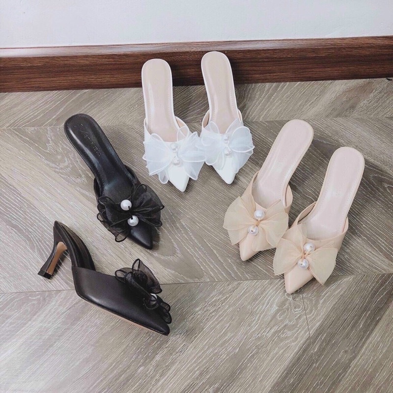 Guốc sục cao gót mũi nhọn da lì nơ ren hột ngọc gót nhọn 7cm