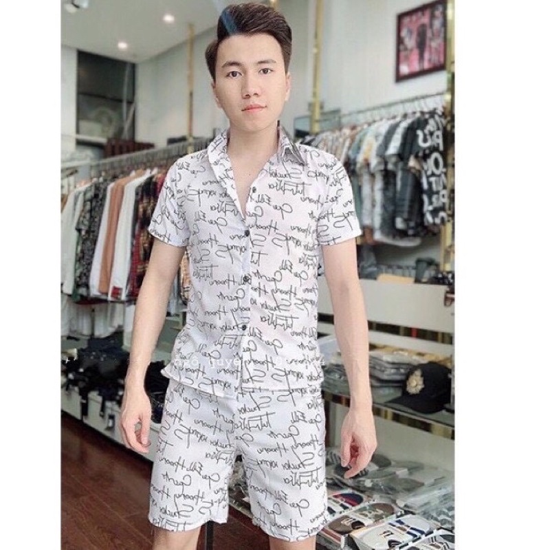 Bộ ngủ nam cộc đùi hoạ tiết gg siêu đẹp chất kate thái mềm mịn thoáng mát - Pijama nam tay cộc quần đùi chất mát