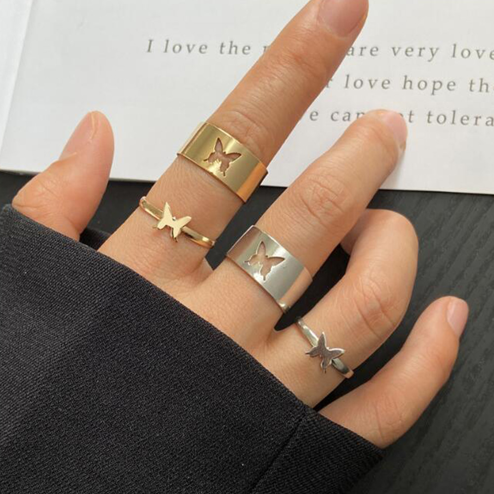 Set 2 nhẫn kim loại mạ vàng bạc hình bướm màu sắc đơn giản cho cặp đôi