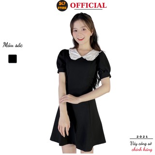Đầm công sở chữ A 247STORE (màu đen), dáng ngắn, cổ bèo, cộc tay, tay bồng, triết eo, vải trượt hàn, mềm nhẹ