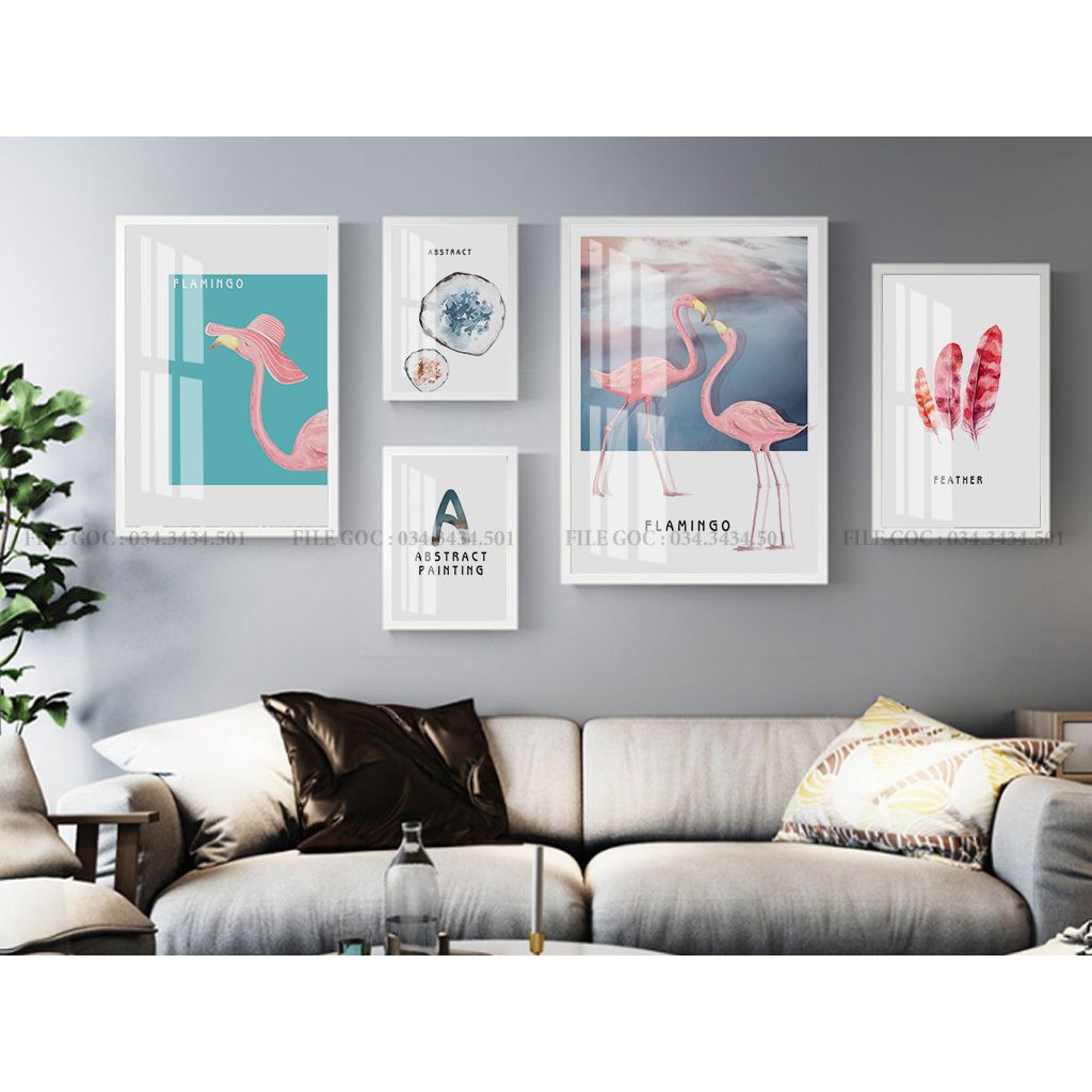 Combo Bộ 5 Bức Tranh Treo Tường Canvas Cao Cấp Tranh Sếu Hạc Hồng Hiện Đại - Trang Trí Phòng Khách - Melyhome
