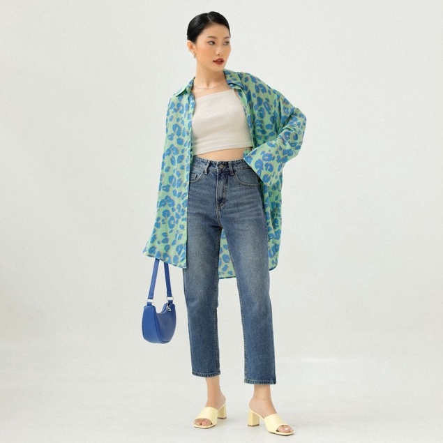 Quần Jeans Cotton Nữ Lưng Cao Form Straight Jeans Ống Đứng Màu Aqua Blue  - Weier.Q