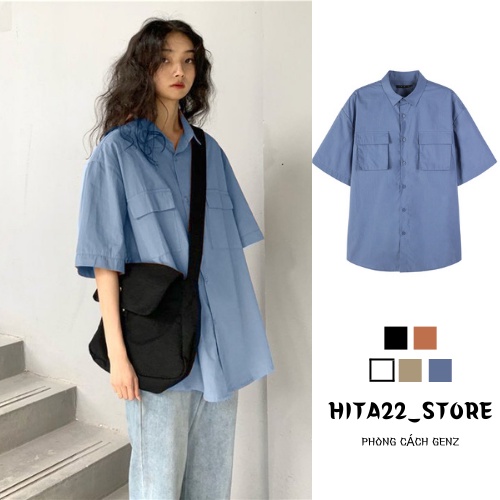 Áo sơ mi tay lỡ 2 túi nắp unisex nam nữ phong cách Hàn Quốc HITA22_STORE.