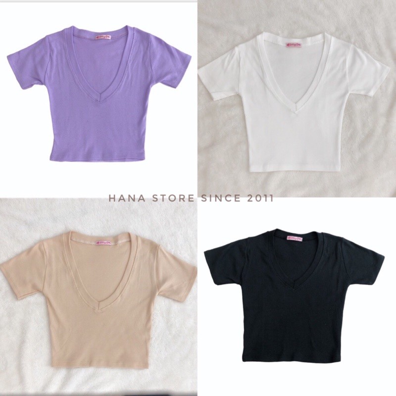 Áo croptop cổ chữ V, tay ngắn dáng ômfreesize[Ảnh thật] hàng có sẵn tại Hana Store | BigBuy360 - bigbuy360.vn