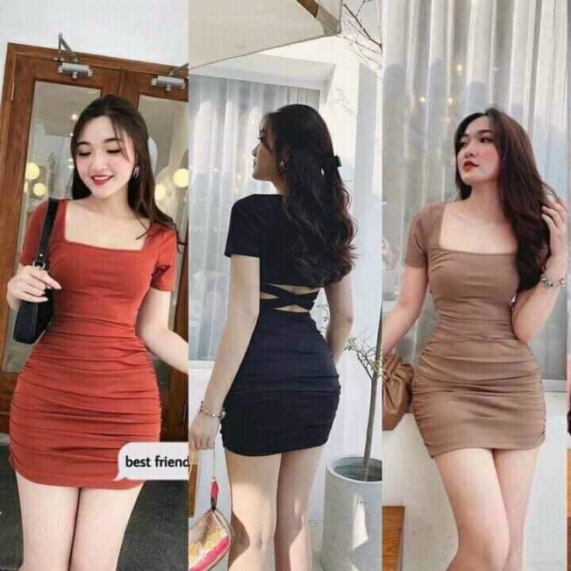 Đầm Thun Hở Lưng Đan Chéo Dây - Cổ Vuông Tay Ngắn - Dáng Ngắn Nhún Hai Bên Hông Ôm Body Sexy