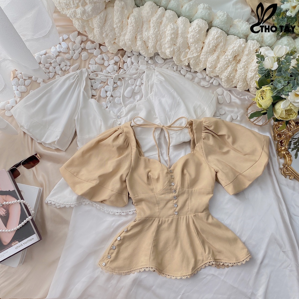 Áo kiểu tay phồng đính nút THỎ TÂY A399X174