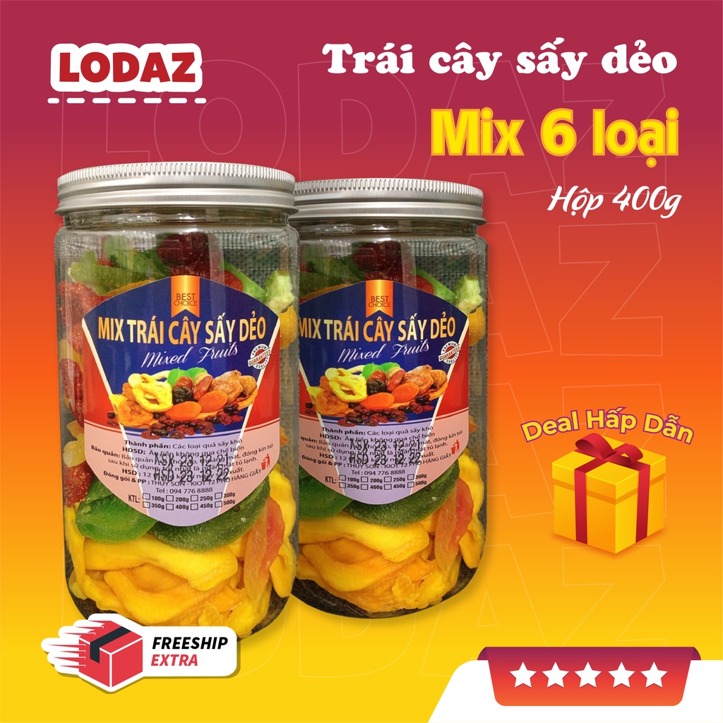 Trái cây sấy dẻo 400g Mix 6 loại Dâu tây, Kiwi, Xoài, Đu đủ, Bưởi, Mít HOA QUẢ SẤY DẺO