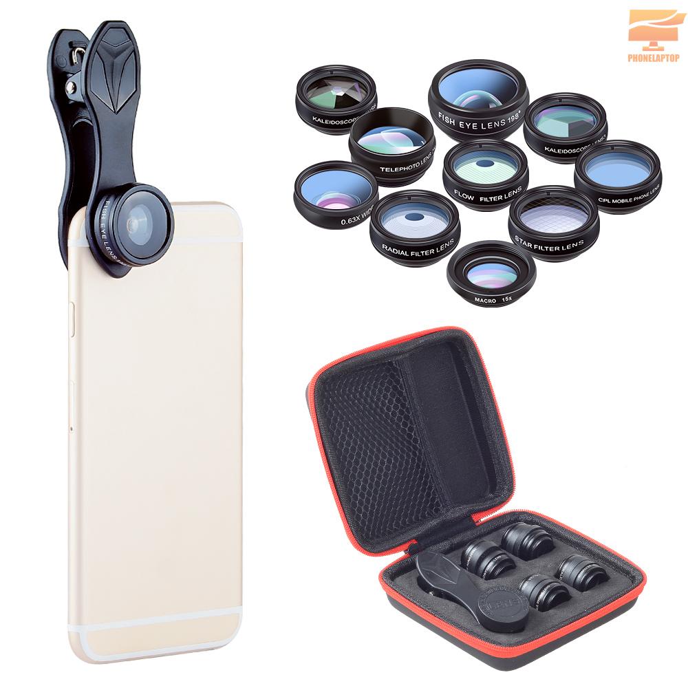 APEXEL 10 in 1 Phone Camera Lens Kit with 0.63X Wide Angle + 15X Macro + 198°Fisheye + 2X Telephoto + CPL + Star Filter + Radial Filter + Flow Filter + Kaleidoscope 3 + Kaleidoscope 6 Compatible with Android iPhone