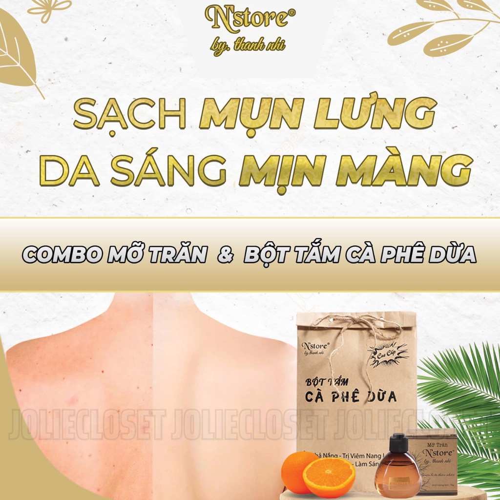 Bột cà phê dừa non, cám gạo Nstore tẩy da chết, giảm mụn lưng, làm sáng da 100gr, mỡ trăn nguyên chất triệt lông 75gr