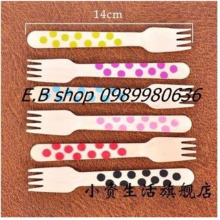 Set 6 thìa dĩa gỗ chấm bi - zic zắc thìa dĩa gỗ trang trí
