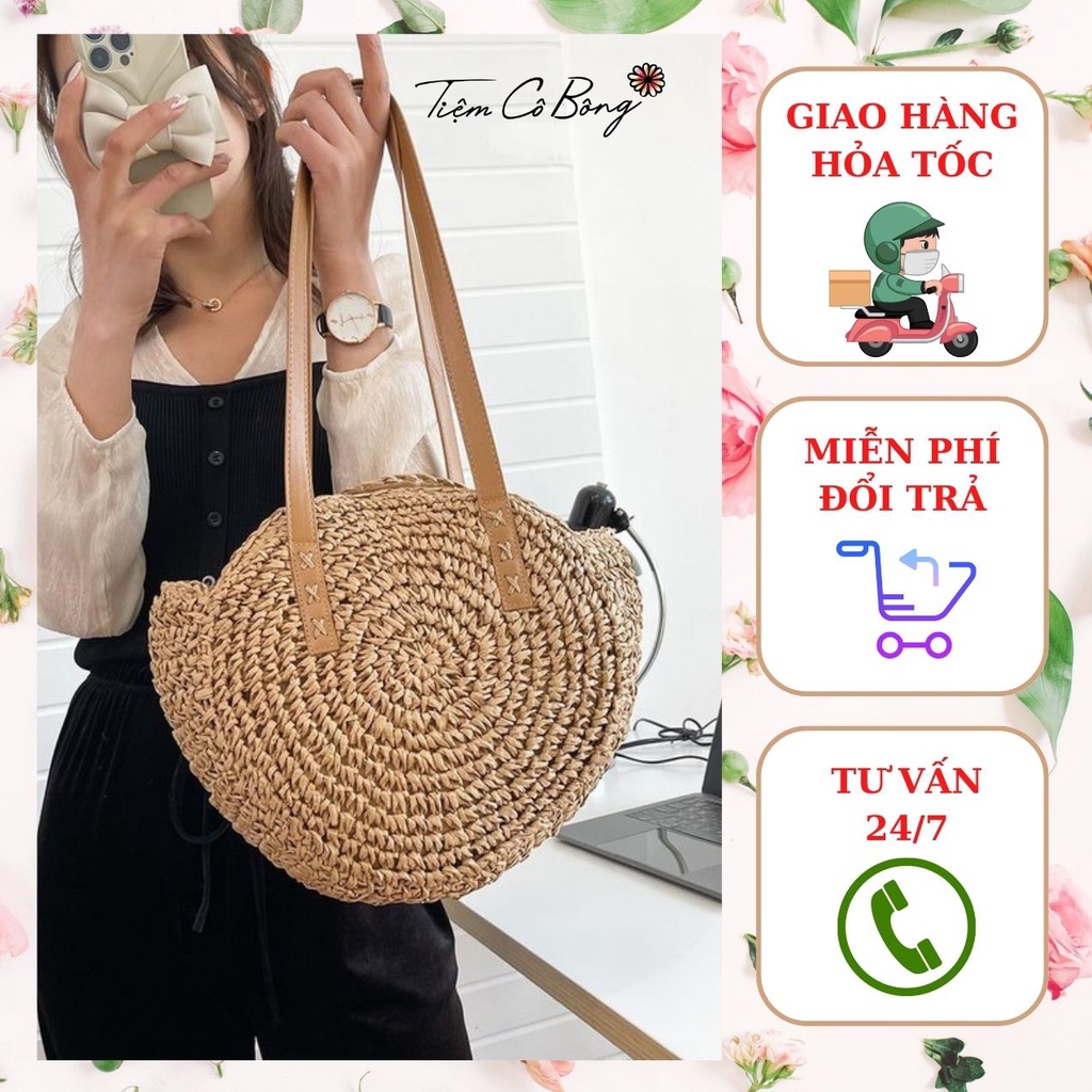 Túi cói đan móc dáng tròn phối dây da đeo vai