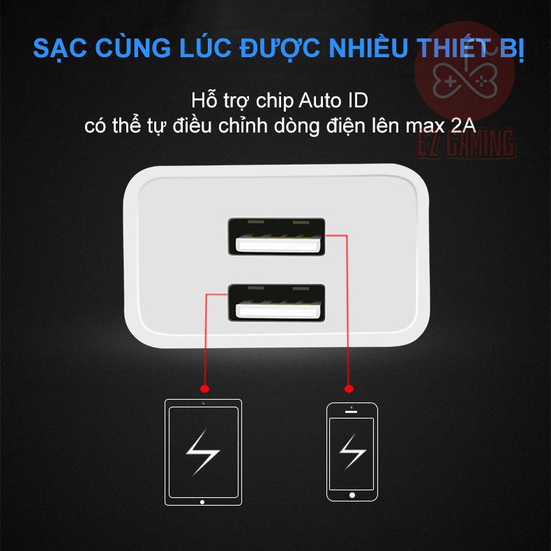 Củ sạc nhanh 2A 2 cổng - EZ Gaming Thiết kế đẹp tương thích IOS, Android,...