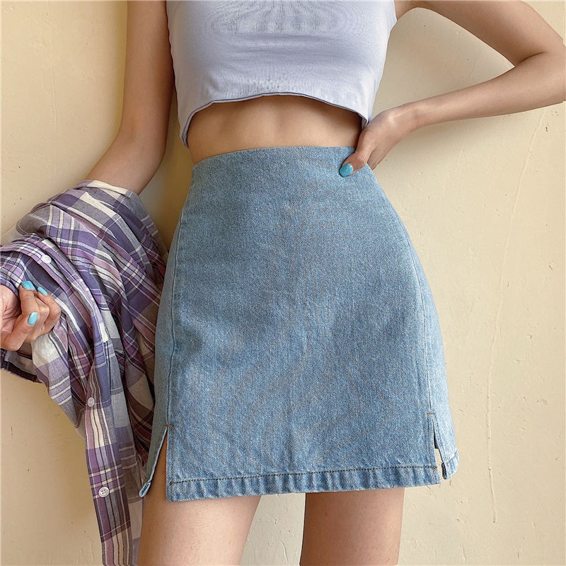 chân váy jean Dáng Chữ A Lưng Cao Thiết Kế Xẻ Tà Phong Cách Retro Mới | BigBuy360 - bigbuy360.vn