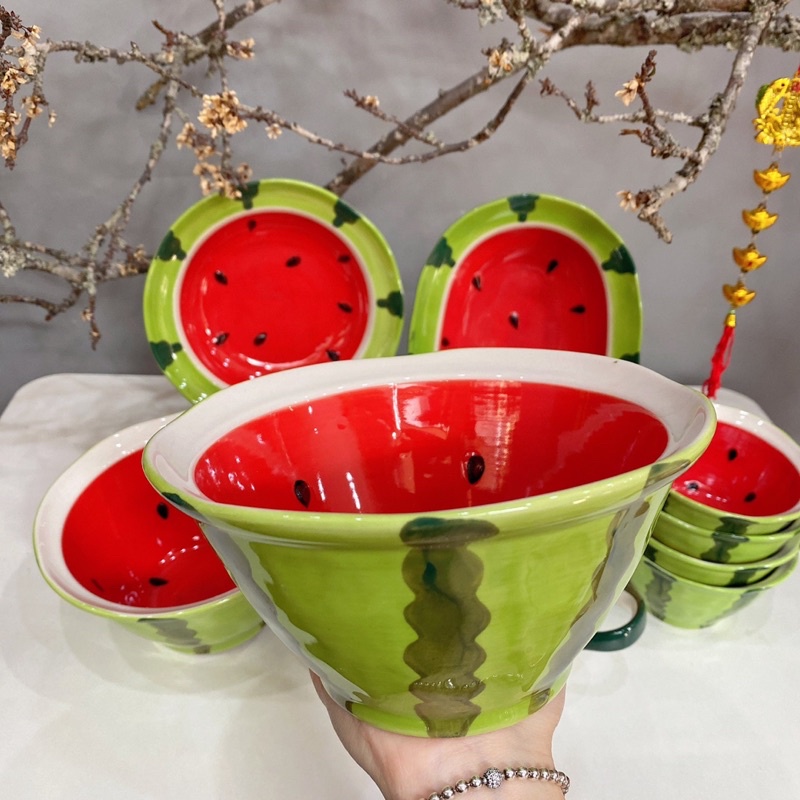 Bát Đĩa Sứ Decor Hoạ Tiết Dưa Hấu Đỏ 3D Chén Dĩa Sứ Ăn Cơm Phong Cách Bắc Âu