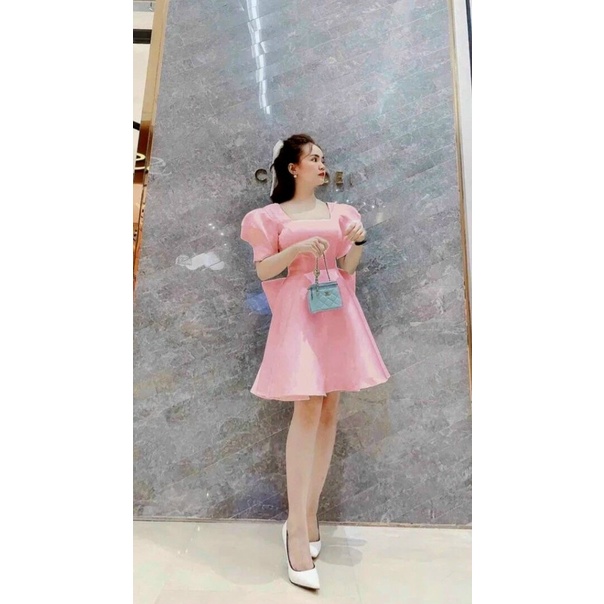 Đầm Xòe Tay Phồng Nơ Lưng Dễ Thương