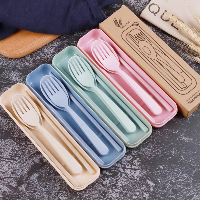 Bộ 3 món dụng cụ muỗng đũa nĩa bằng lúa mì thiết kế nhỏ gọn thích hợp mang đi du lịch cho trẻ em/người lớn