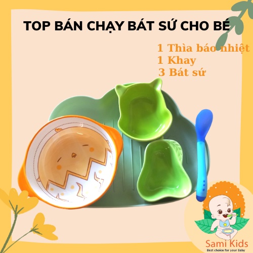 Set bát sứ ăn dặm kèm khay và thìa cho bé, tô chén gốm sứ ăn cơm cho trẻ em SAMI KIDS