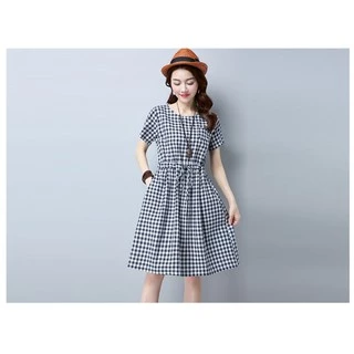 ĐẦM CARO THẮT NƠ EO 2 MÀU ĐỎ/ĐEN