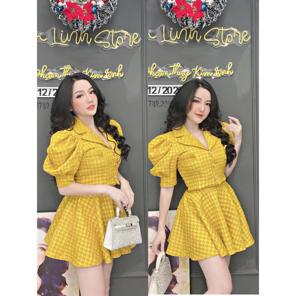 Set Áo croptop cổ vest tay dài kết hợp chân váy kiểu xếp li caro đỏ vàng trắng và hồng thời thượng sang trọng