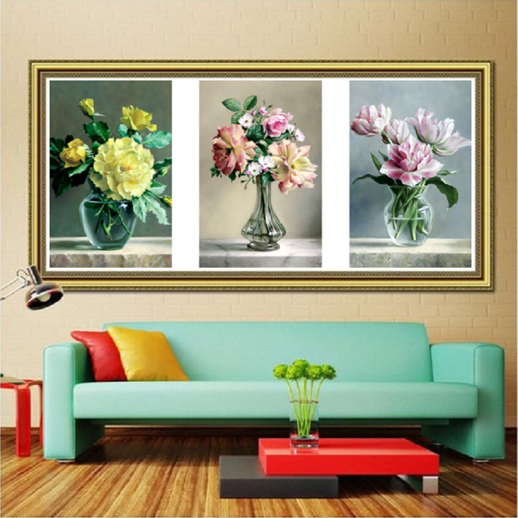 Tranh thêu chữ thập bình hoa 3 bức KT:123x59cm,tranh chưa thêu, Tặng kéo và xỏ chỉ.