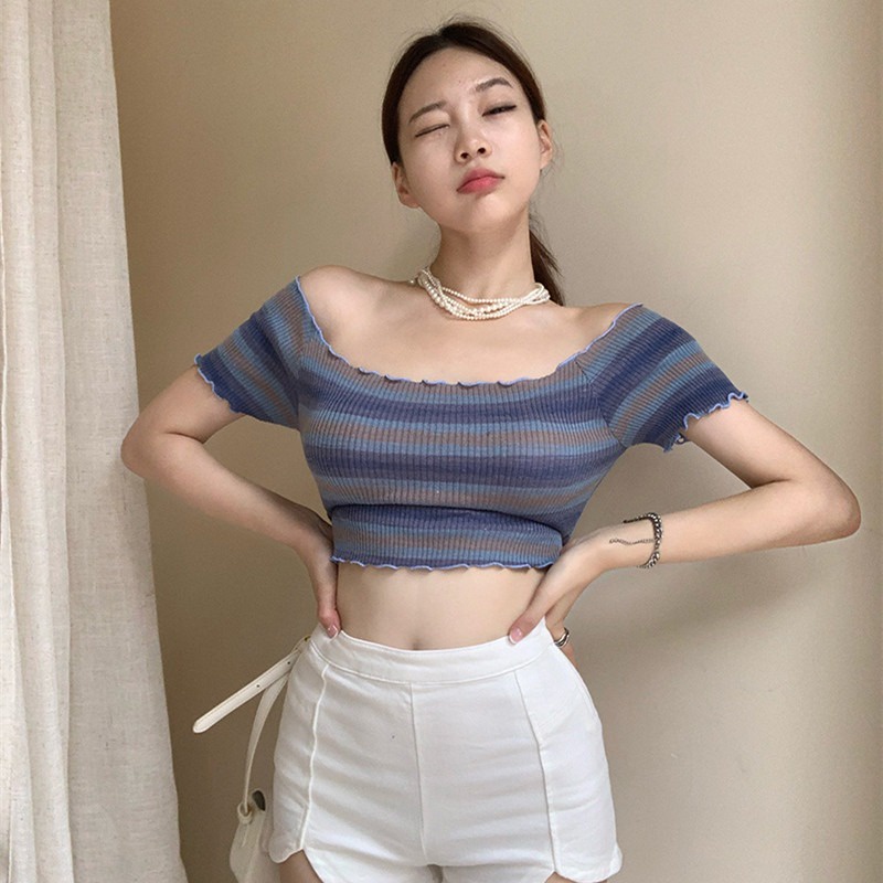 Áo thun ZHELIHANGFEI vải dệt kim trễ vai nhuộm màu độc đáo