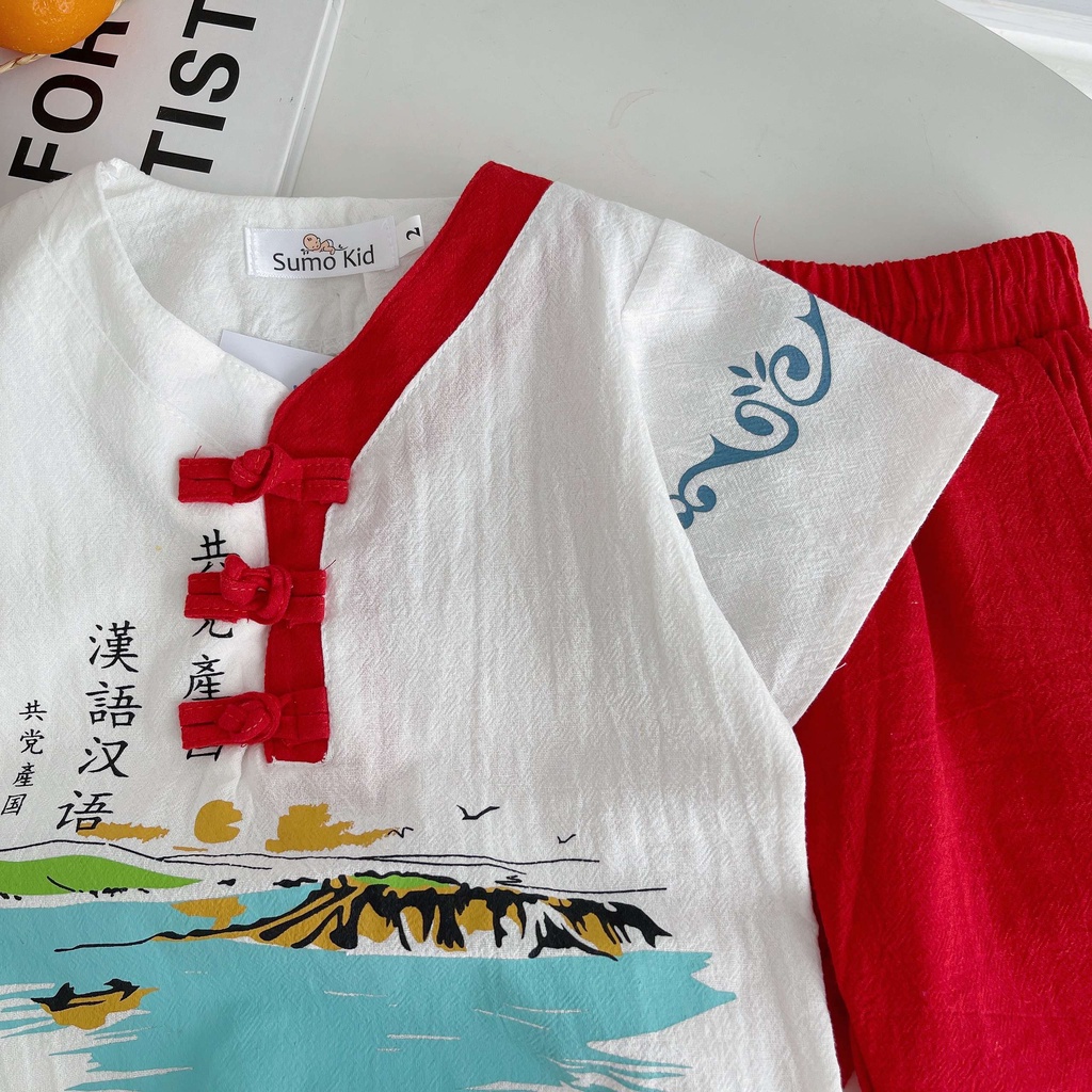 Bộ đồ bé trai cộc tay in bãi biển chất thô đũi cao cấp phong cách cổ trang cho bé mặc đi chơi - SUMO KIDS