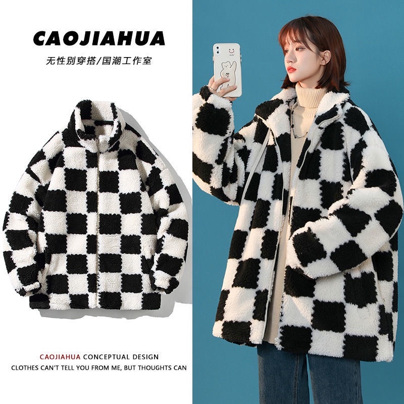 Áo khoác lông cừu hoạ tiết caro dáng oversize unisex hàng taobao