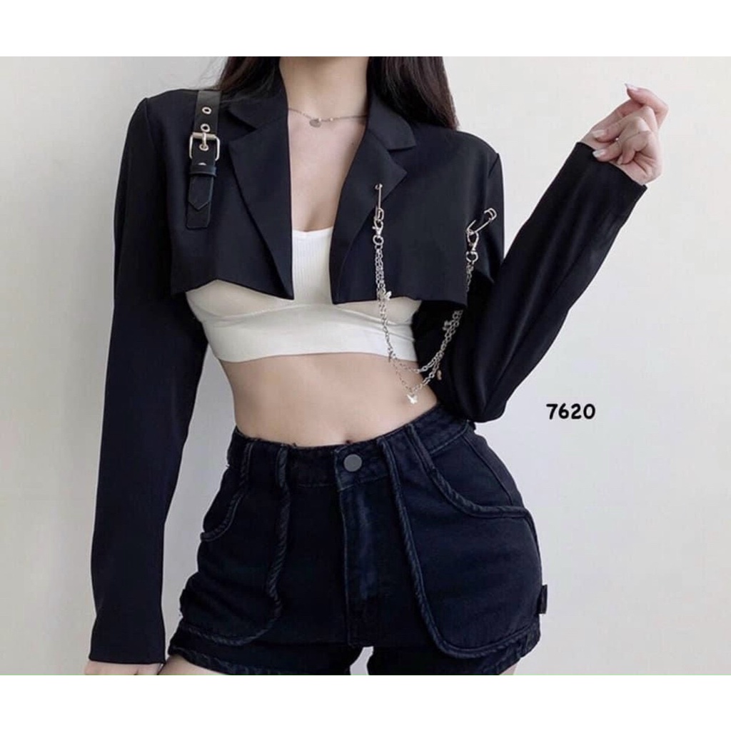 Áo khoác vest dây xích nữ tay dài dáng ngắn croptop minstore24h