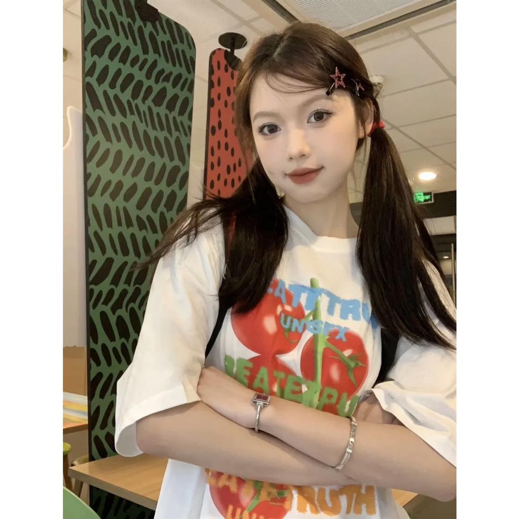 「 WELOVE1 」Áo Thun Cotton Tay Ngắn Cổ Tròn In Hình Quả Cà Chua Phong Cách Hàn Quốc Thời Trang Mùa Hè Hàng Mới Dành Cho Bạn Nữ
