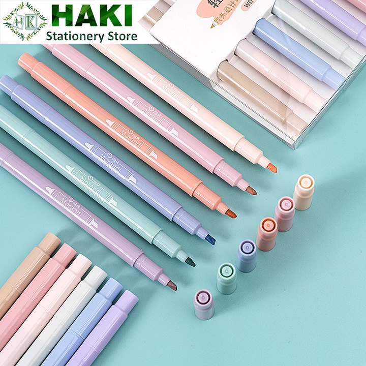 Bút highlight pastel 2 đầu morandi HAKI, bút đánh dấu nhớ dòng dạ quang cute nhiều màu marker dễ thương B49