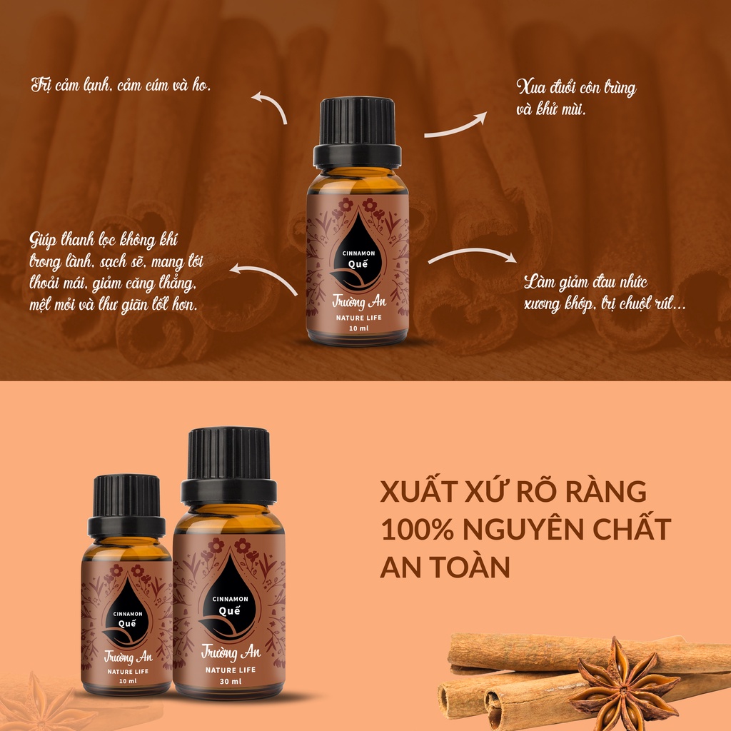 Tinh dầu quế Cinnamon Trường An Essential Oil, xuất sứ thiên nhiên không pha tạp chất, có giấy kiểm định COA