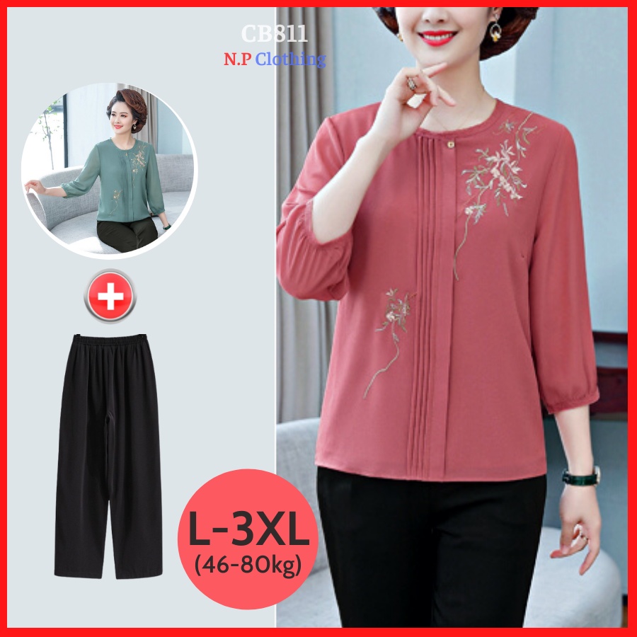 Bộ Quần Áo Trung Niên, Kiểu Áo Trung Niên Nữ Form Suông Bigsize Cổ Tròn Xếp Ly Thêu Hoa Lịch Sự | Thời Trang Trung Niên