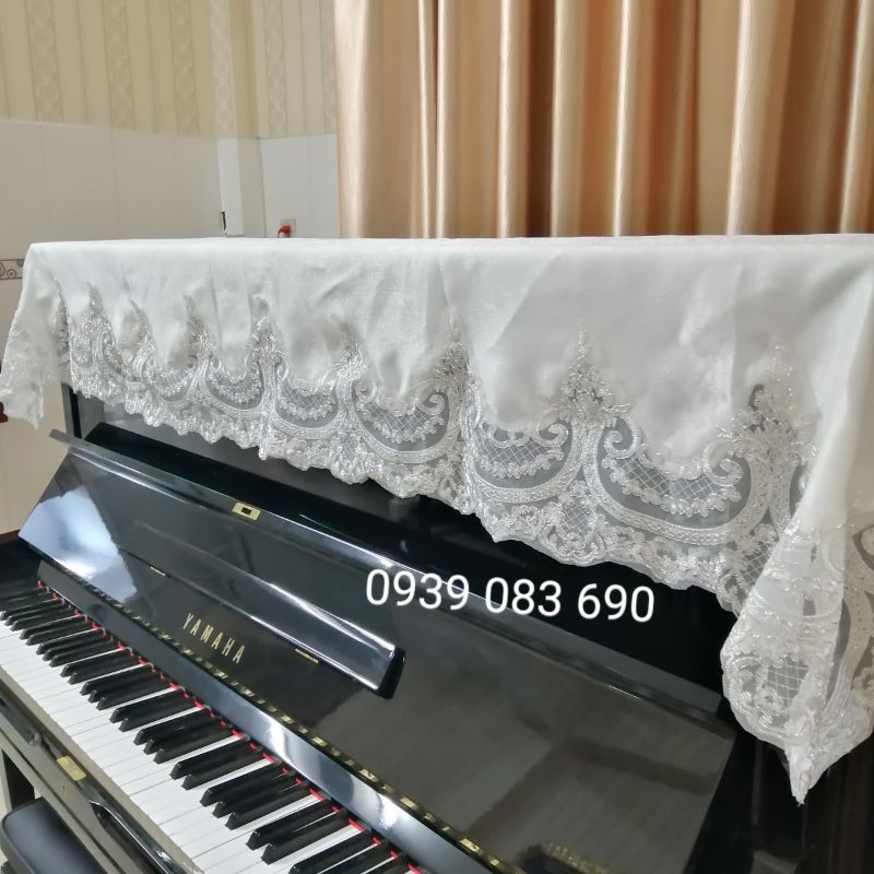 Khăn Phủ đàn Piano vải cao cấp phối  Ren trắng