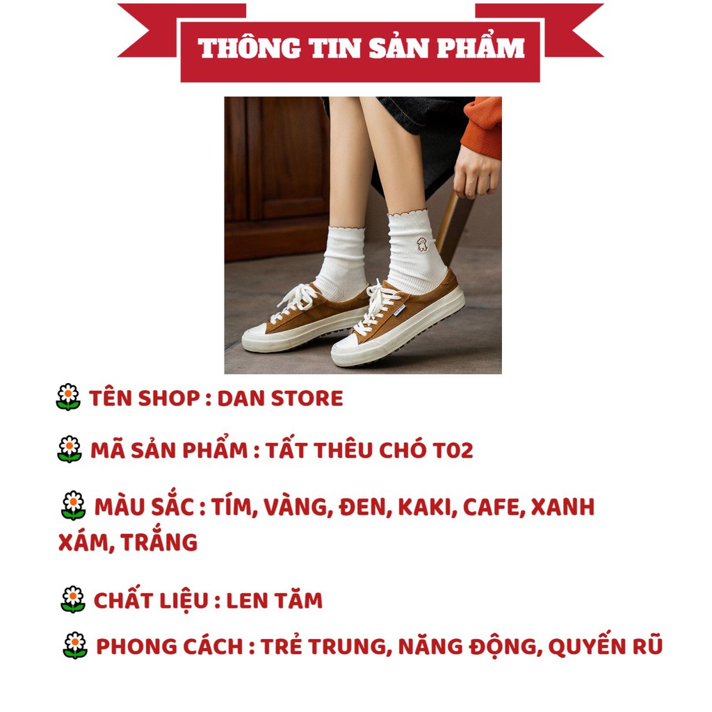 Tất Nữ Cổ Cao thêu hình chú chó cổ bèo dễ thương phối đồ theo phong cách Hàn Quốc mẫu T02