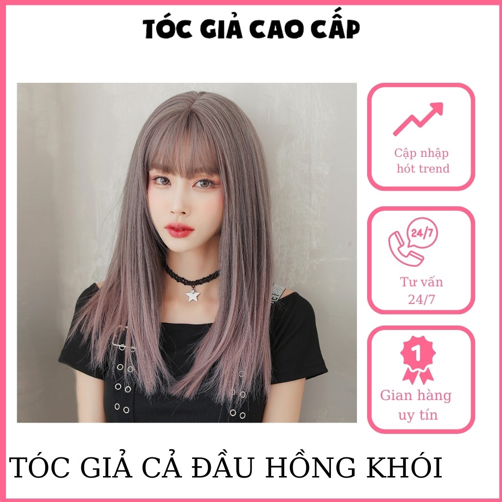 Tóc giả nguyên đầu nữ thẳng lỡ nhuộm đuôi tóc omber hồng khói, tặng kèm lưới trùm tóc, wig