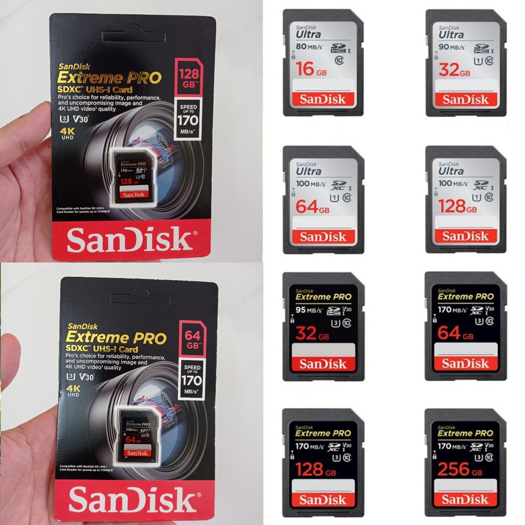 Thẻ nhớ cũ SD Sandisk 32G 64G Ultra Class 10 và Extreme Pro cho máy ảnh