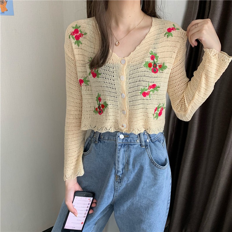 Áo Khoác Cardigan Cổ Chữ V Thêu Họa Tiết Xinh Xắn Theo Phong Cách Hàn Quốc
