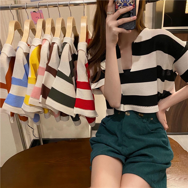COZOK Áo Thun Tay Ngắn Cổ Chữ V Họa Tiết Kẻ Sọc Thời Trang Trẻ Trung