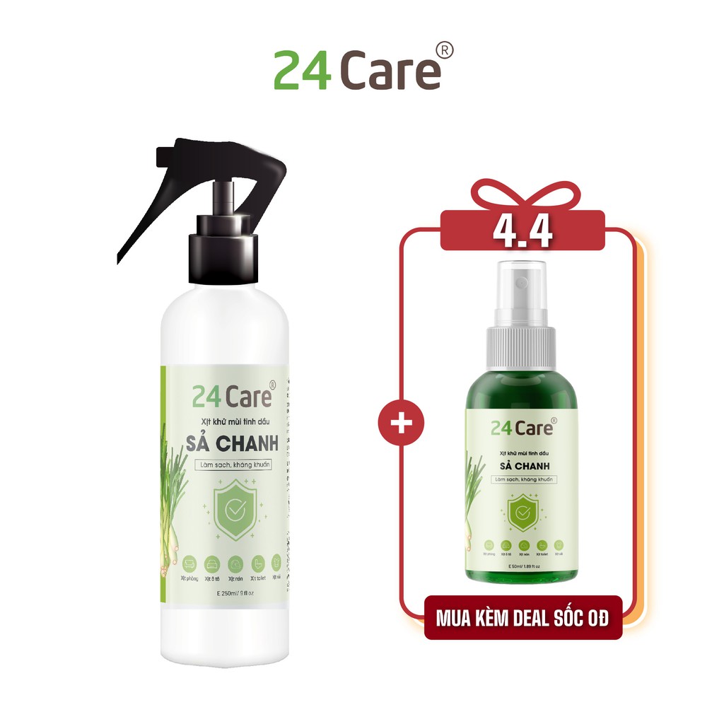 Xịt khử mùi thơm phòng tinh dầu Sả Chanh/ Bạc Hà/ Sả Java 24Care 250ml - Kháng khuẩn, đuổi muỗi, côn trùng, định tâm