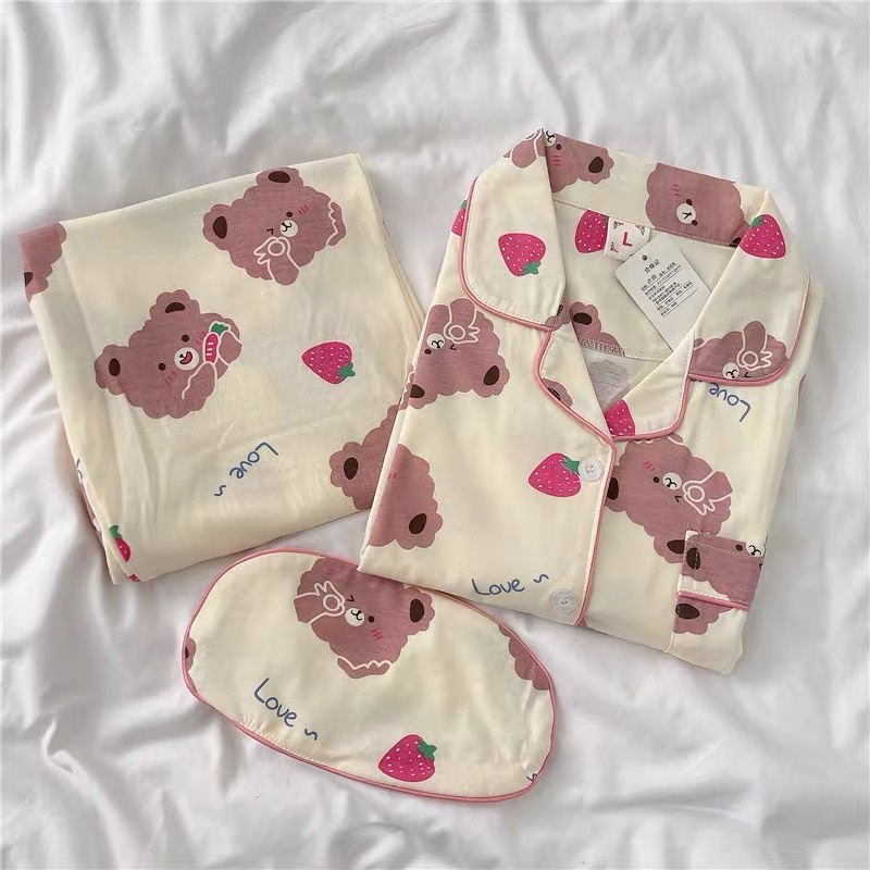 Bộ Đồ Ngủ Pijama Nữ  Dài Tay Form Rộng Gấu Dâu Xinh Xắn