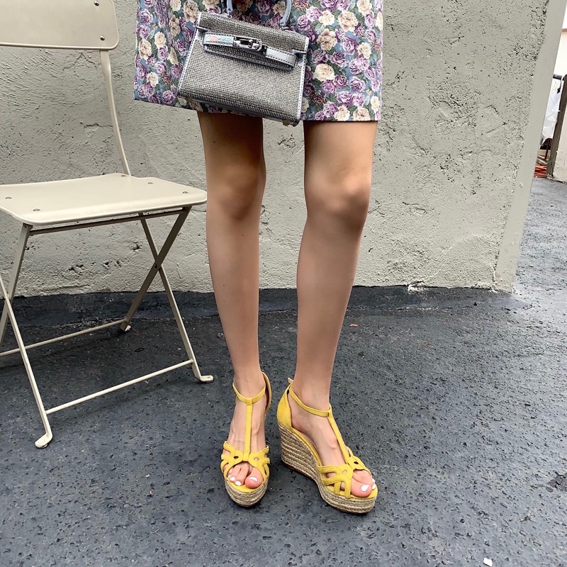 Giày Sandal Cao Gót Đế Xuồng Bằng Dây Rơm Bện Phong Cách Âu Mỹ 2022