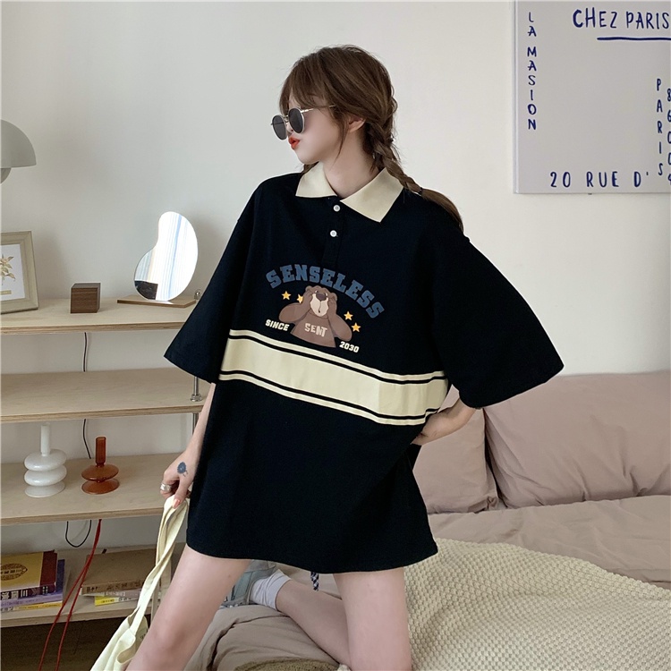 Áo polo Ngắn Tay Dáng Rộng In Hoạt Hình Gấu Kiểu Retro Cá Tính Cho Nữ