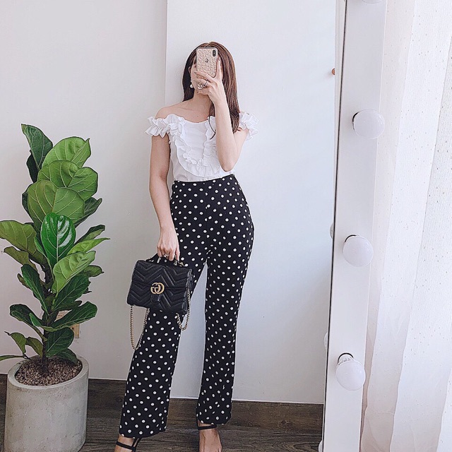 Set quần suông chấm bi + áo trắng bèo nhún ngực cực xinh ❤️