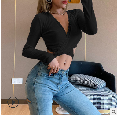 Áo Khoác Cardigan Tay Dài Cổ Chữ V Phối Ren Màu Trơn