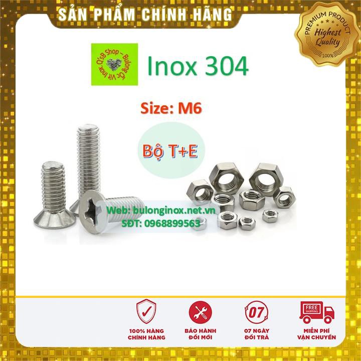 Vít pake đầu bằng inox size M6 (Bộ T+ecu) , ốc 4 cạnh đầu non inox, ốc vặn tua vít đầu bằng thân bulong, inox 304
