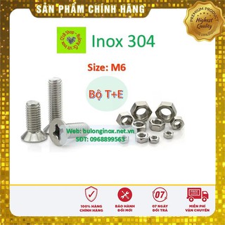 Vít pake đầu bằng inox size M6 (Bộ T+ecu) , ốc 4 cạnh đầu  non inox, ốc vặn tua vít đầu bằng thân bulong, inox 304